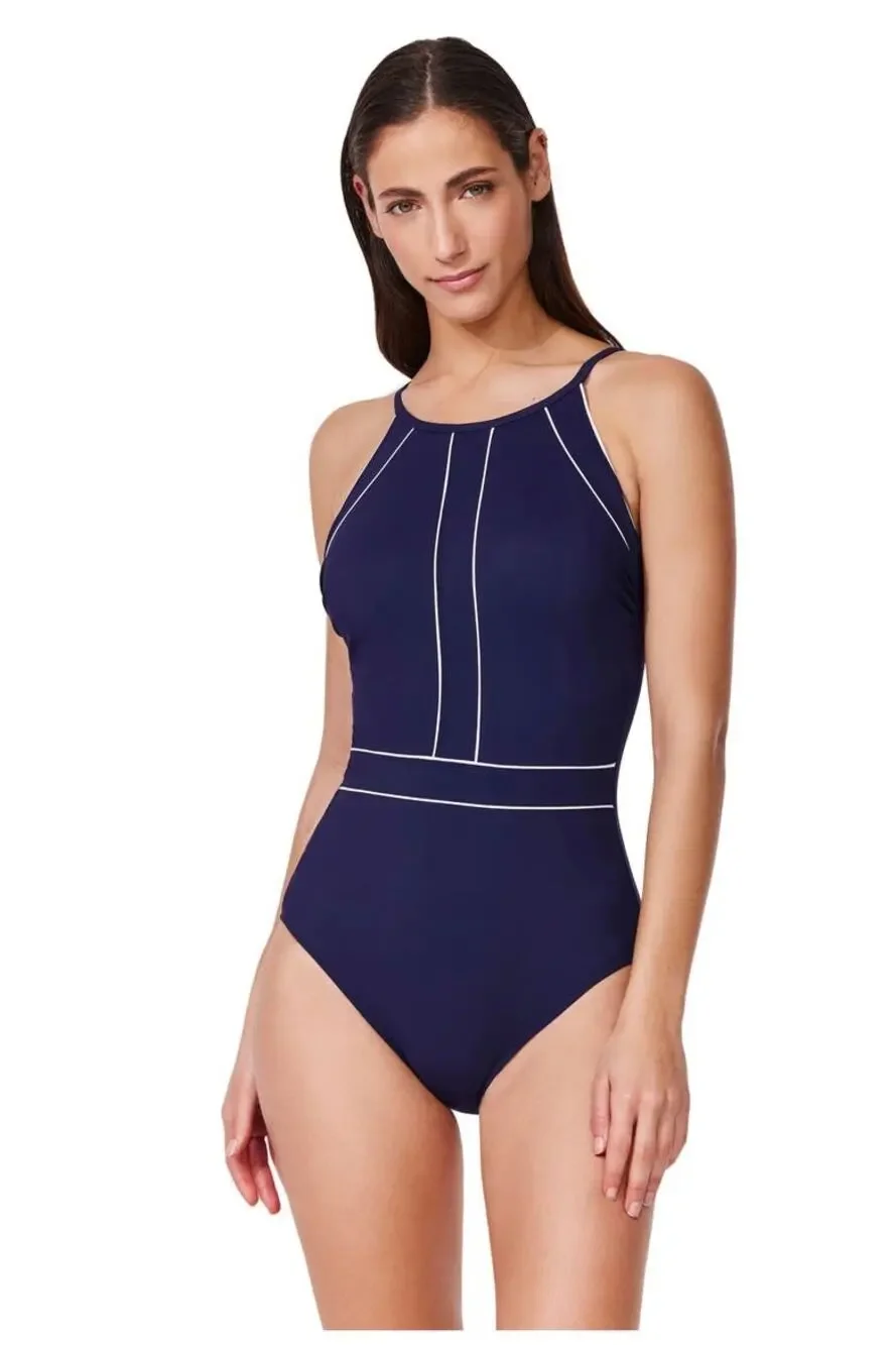 Profile by Gottex Women Navy Contrast High Neck One Piece Swimsuit Size US 12